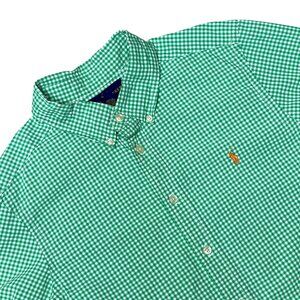 Ralph Lauren Button Down Short Sleeve Green White Check Boys Size L 14-16